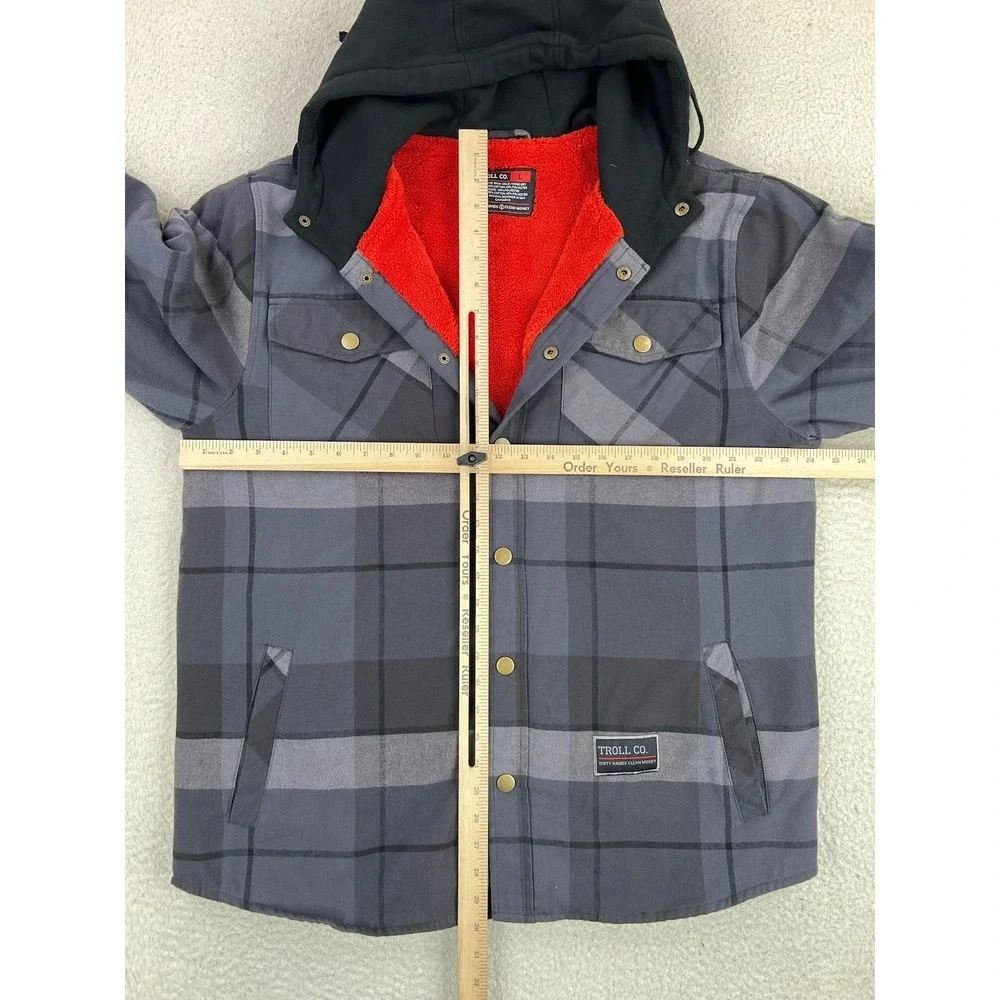 Troll Co Jacket Mens Large Gray Plaid Hooded Sherpa Lined Flannel Workwear